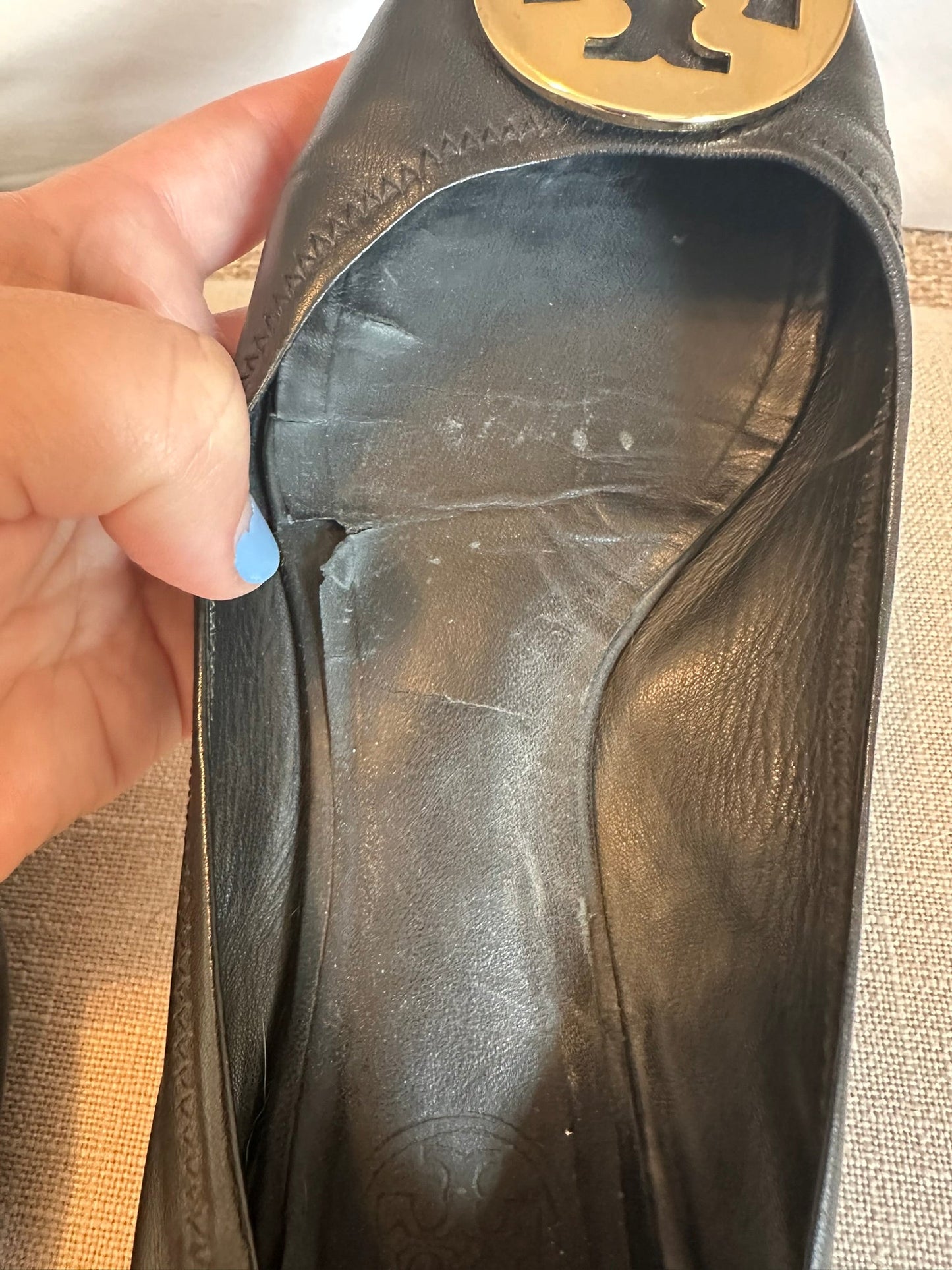 #85 Tory Burch Reva Black Gold Flats, Women’s 8