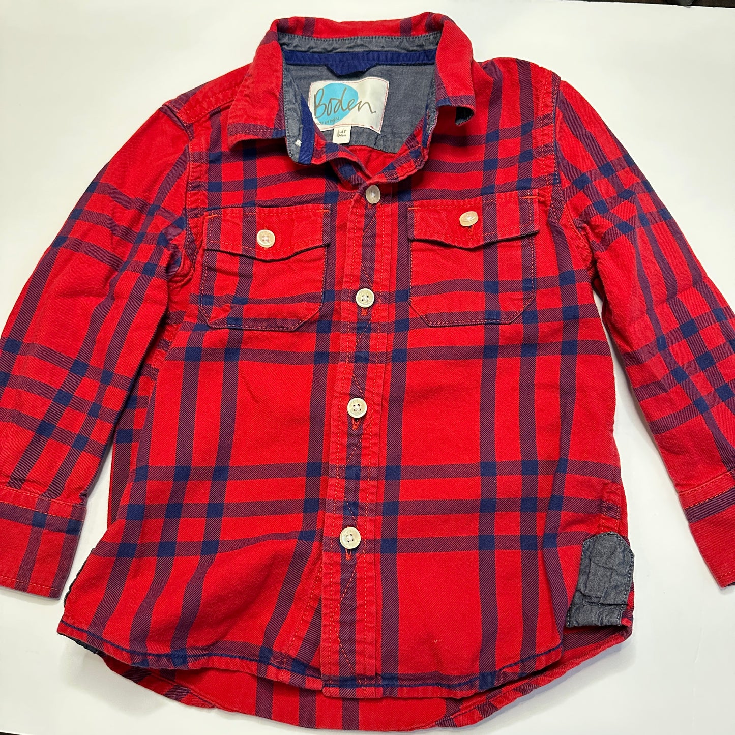 #162 Mini Boden red and navy button up shirt 3/4