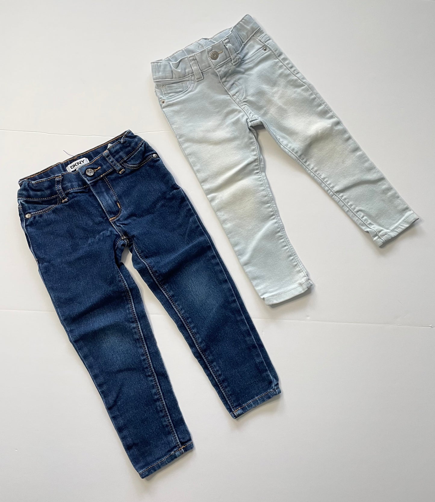 #121 Girls 2T set of two jeans with inside adjusters, dark and light wash, EUC