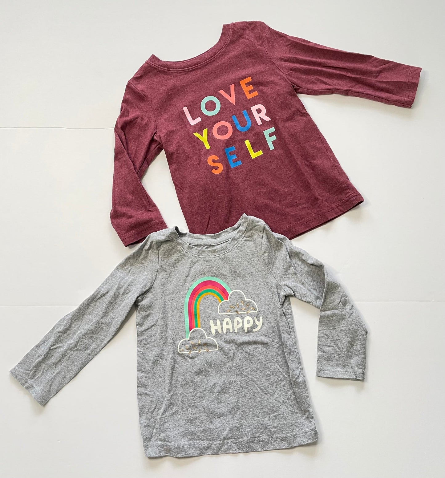 #121 Girls 2T set of two shirts, burgundy Love Yourself, gray rainbow, EUC/VGUC