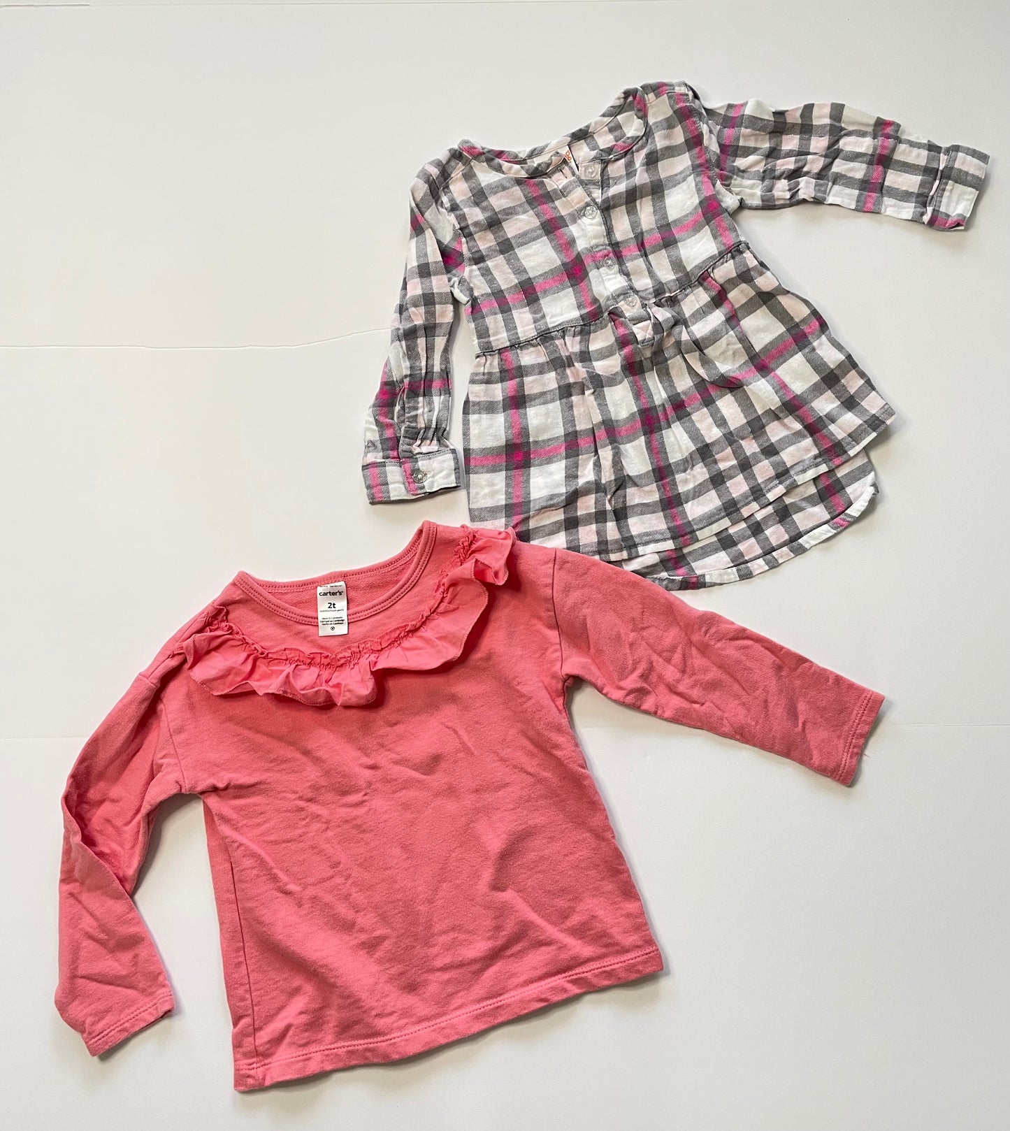 #121 Girls 2T set of two shirts, plaid and pink with ruffle, VGUC/GUC