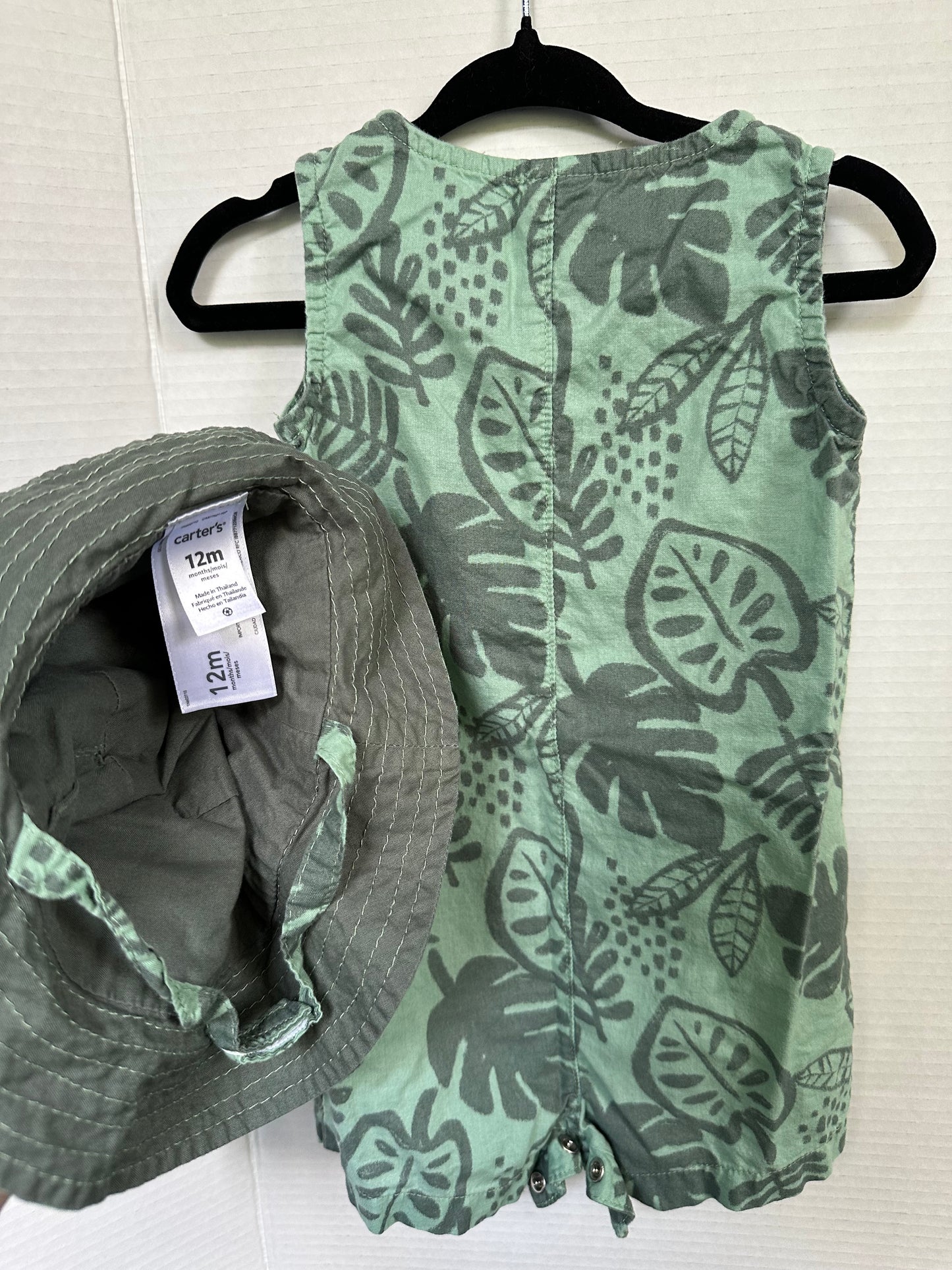 #146 Carter’s Green Palm Romper & Hat Boys 12M
