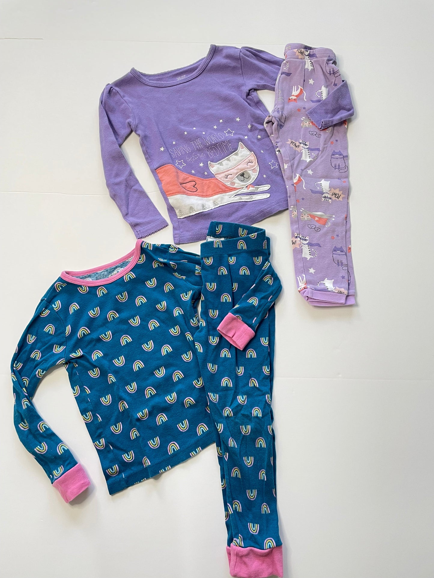 #121 Girls 3T set of two pajamas, purple cat and blue rainbow, GUC