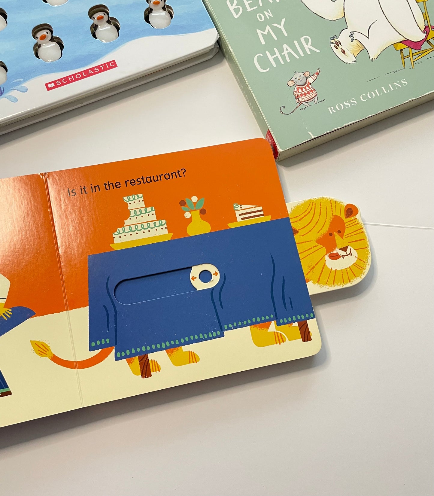 #121 Set of 4 board books, Ten Playful Penguins, There's a Bear in My chair, I Thought I Saw a Lion, My First 123, VGUC