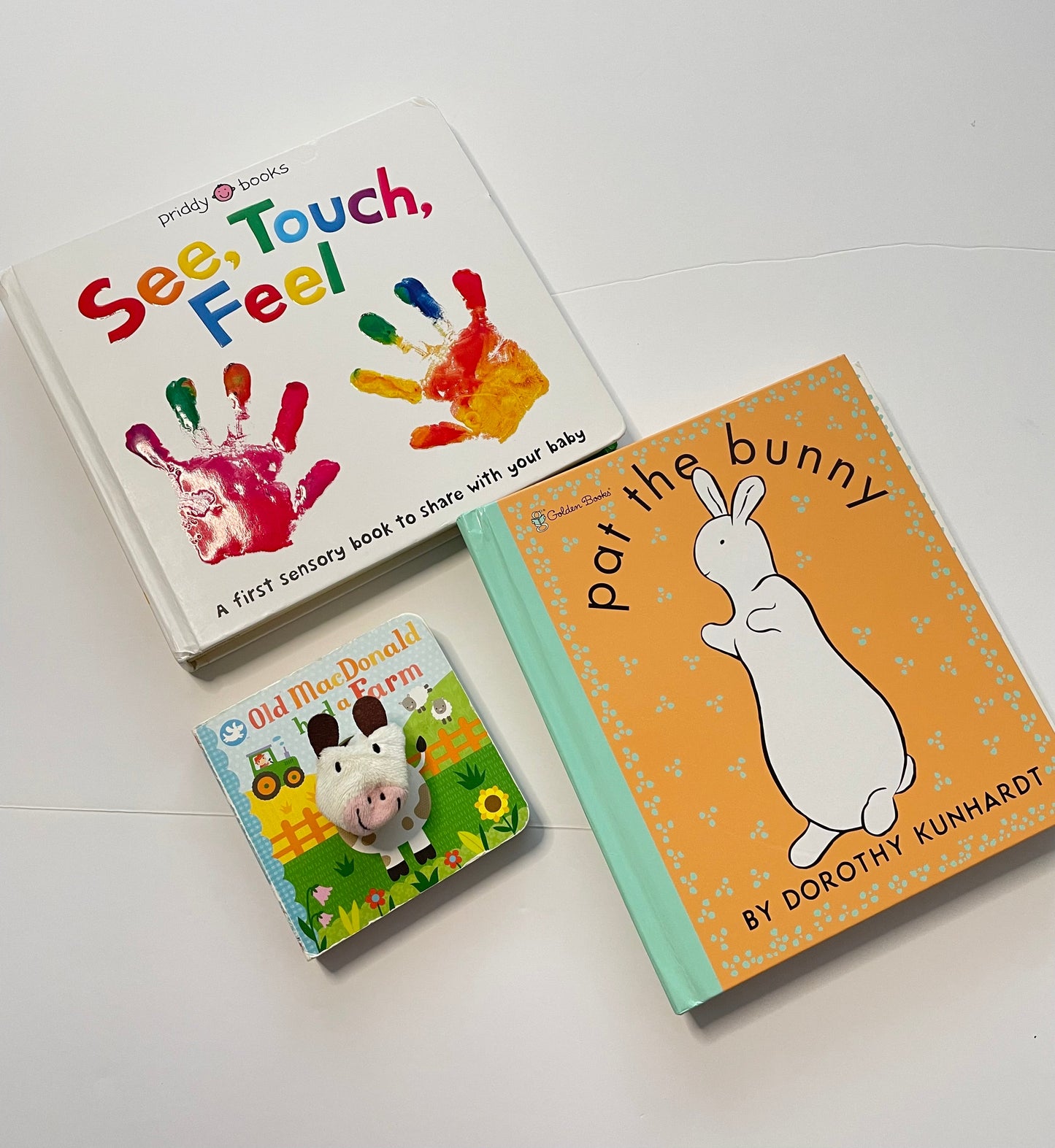 #121 Set of 3 Touchy Feely books, See Touch Feel, Deluxe Pat the Bunny, Old MacDonald cow puppet, VGUC