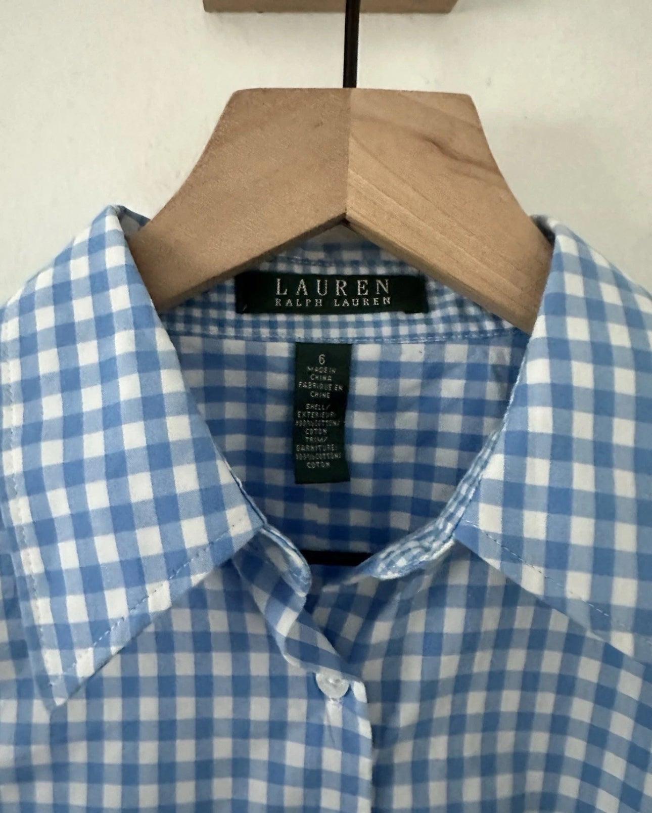 #111 Lauren Ralph Lauren Gingham Peplum Shirt Women’s Size 6 Button Front 3/4 Sleeve