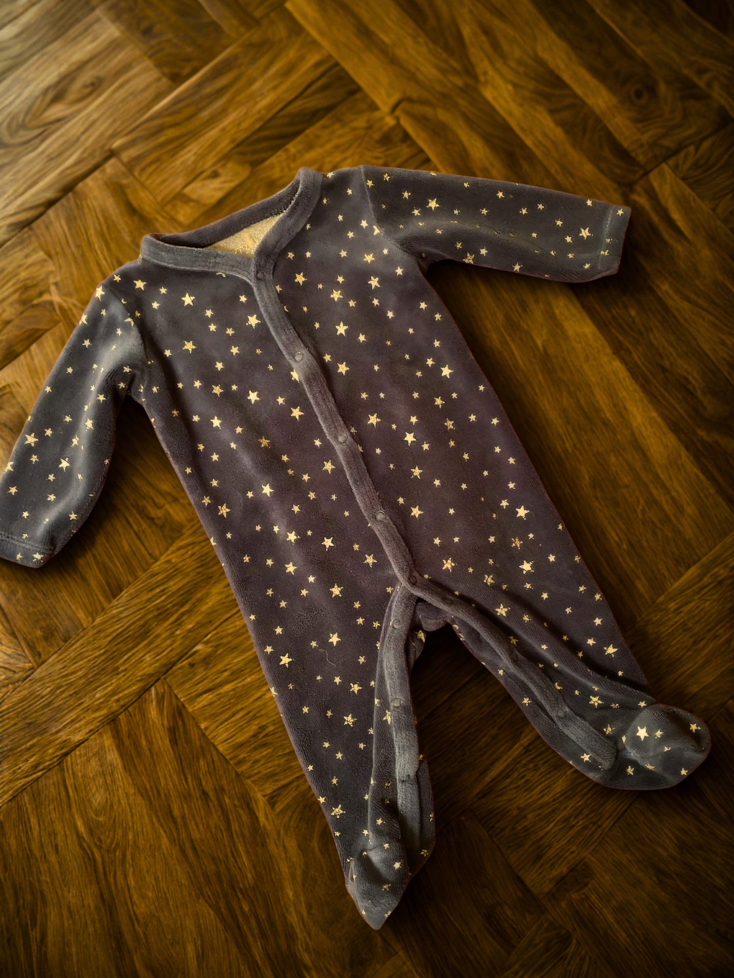 #193 - Footed Pajamas, midnight blue velour, Girls 3-6M EUC