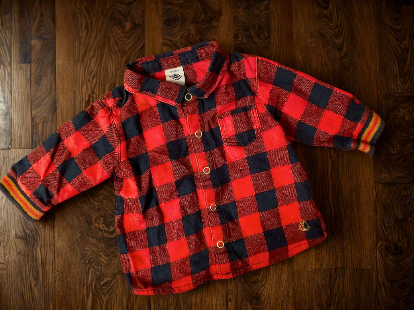 #193 - Petit Bateau Long-Sleeve Button Down Shirt, Plaid, Boys 3M