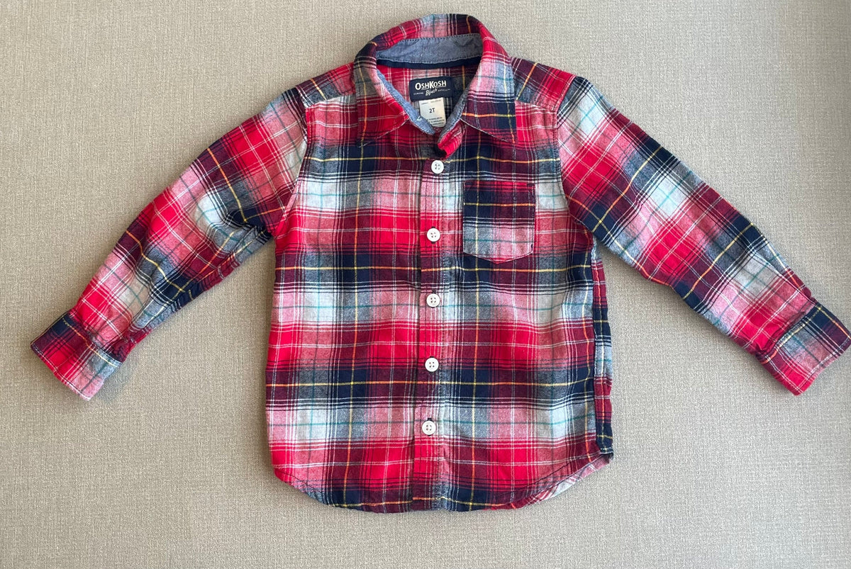 Seller #12 | OshKosh | Boys | Red, Navy, Gold, Light Gray Flannel Button Down | EUC | Size 2T