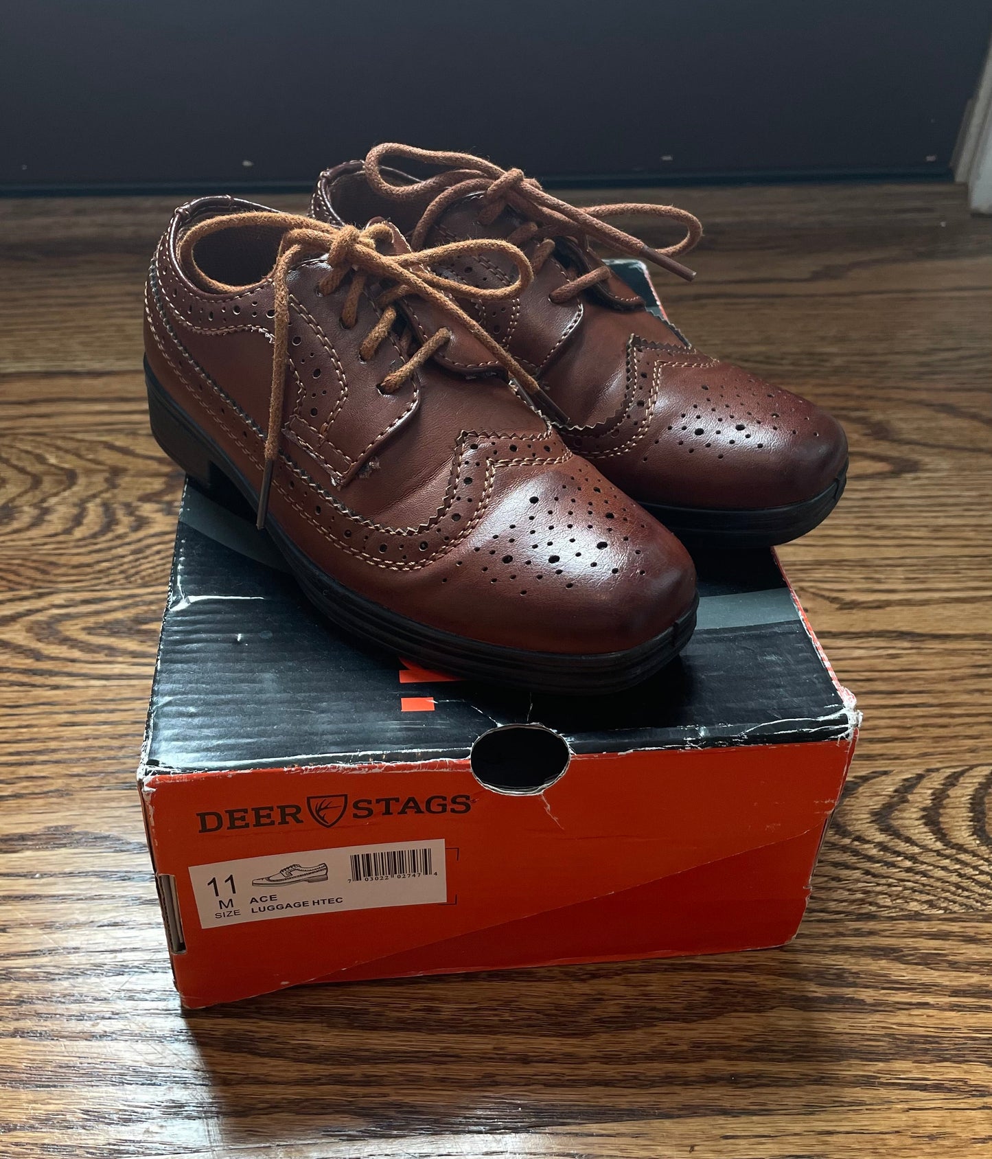 #121 Boys 11C Deer Stags brown dress shoes, Like New