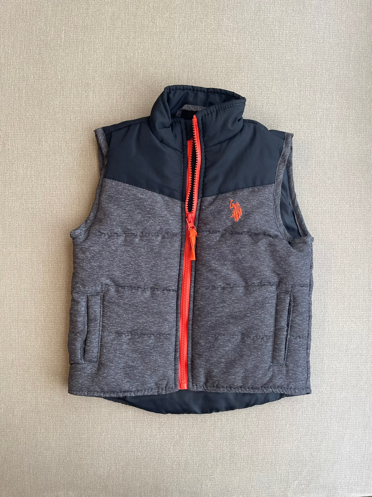 Seller #12 | Polo Ralph Lauren Black and Gray Puffer Vest with Orange Zipper and Logo | EUC | Size 4T