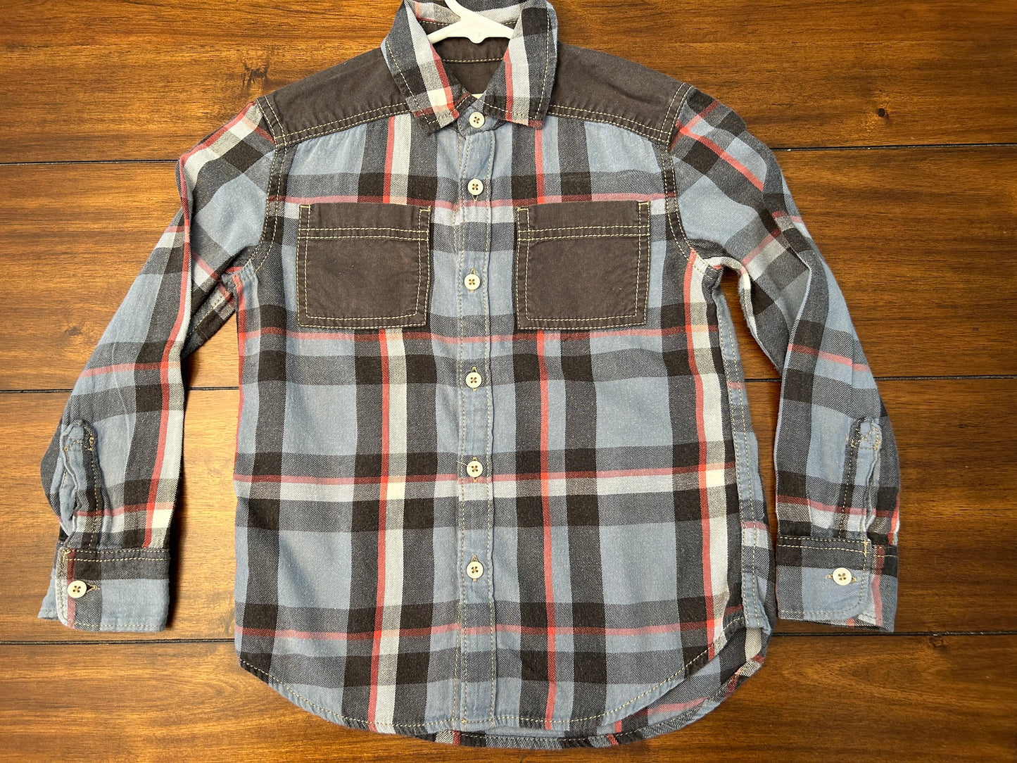 #201 Tucker & Tate Boys Size 5 Blue Gray & Red Denim Washed Long Sleeve Flannel Shirt