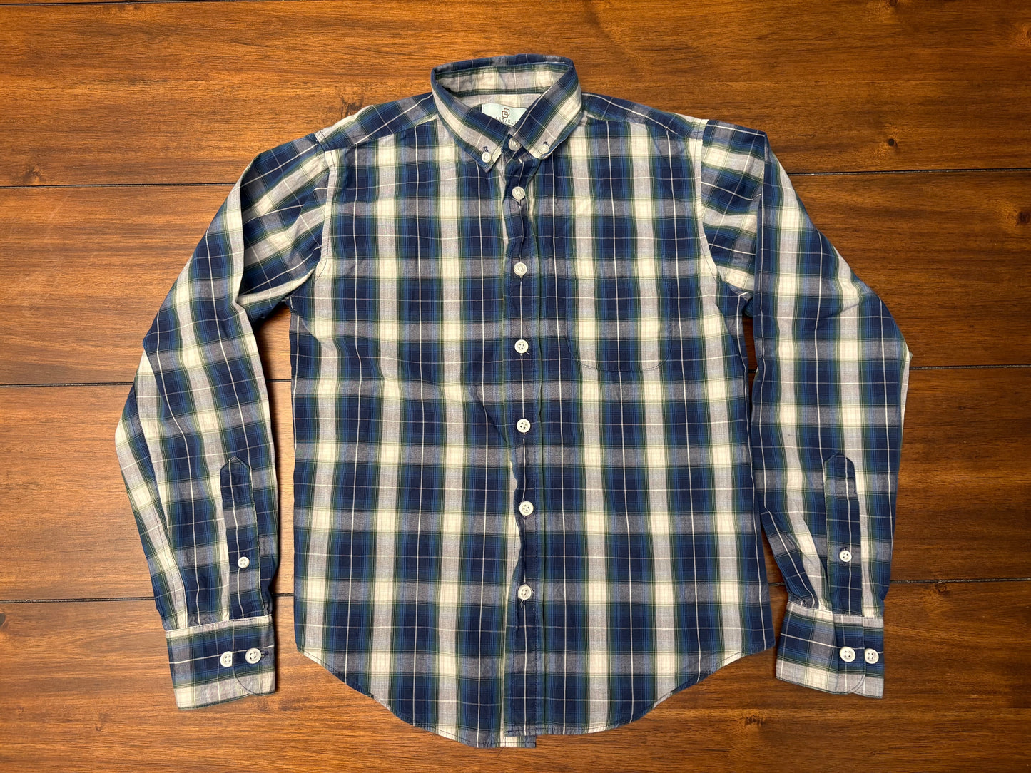 #201 Cass Club Boys Size 10-12 Navy Green & White Plaid Long Sleeve Button Down Dress Shirt MODERN Fit