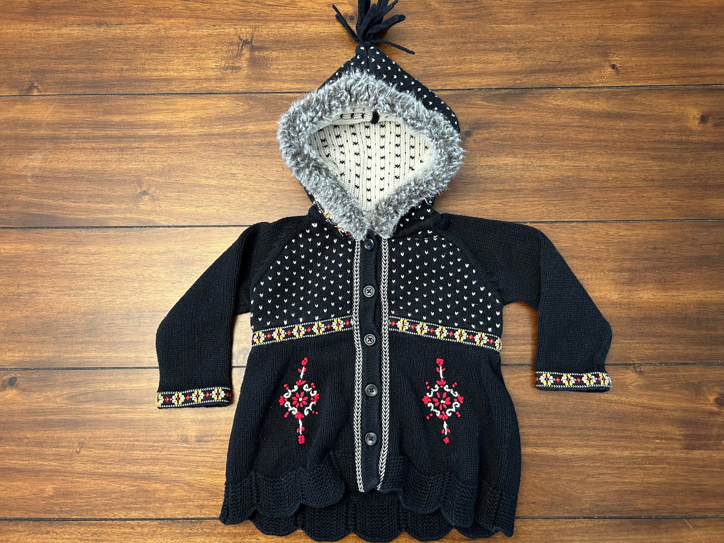 #201 Hanna Andersson Girls Size 2 (80) Black Fair Isle Sherpa Hooded Sweater Jacket
