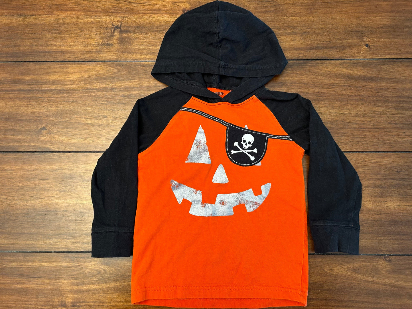 #201 Gymboree Boys Size 2T Orange & Black Long Sleeve Hooded Pirate Jack O'Lantern Top