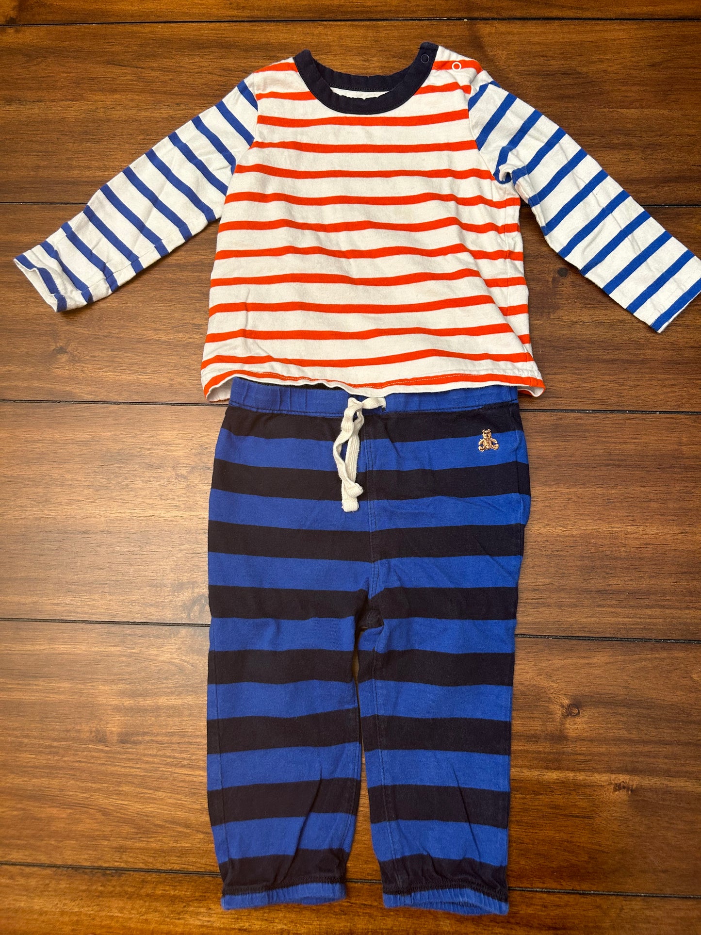 #201 Baby Gap Boys Size 12-18M White Blue & Orange Striped Double Layer Onesie & Blue Striped Knit Pant Outfit