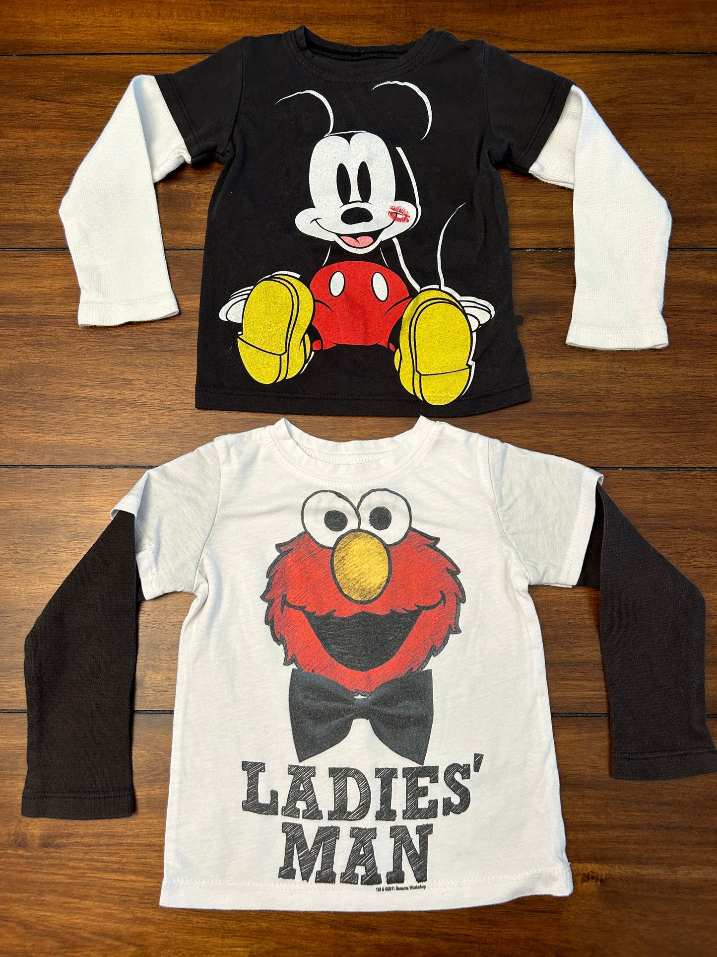 #201 Mixed Brands Boys Size 2T Black & White Disney Couture Baby Mickey Mouse & Mini Fine Elmo Graphic Long Sleeve T-shirt Bundle