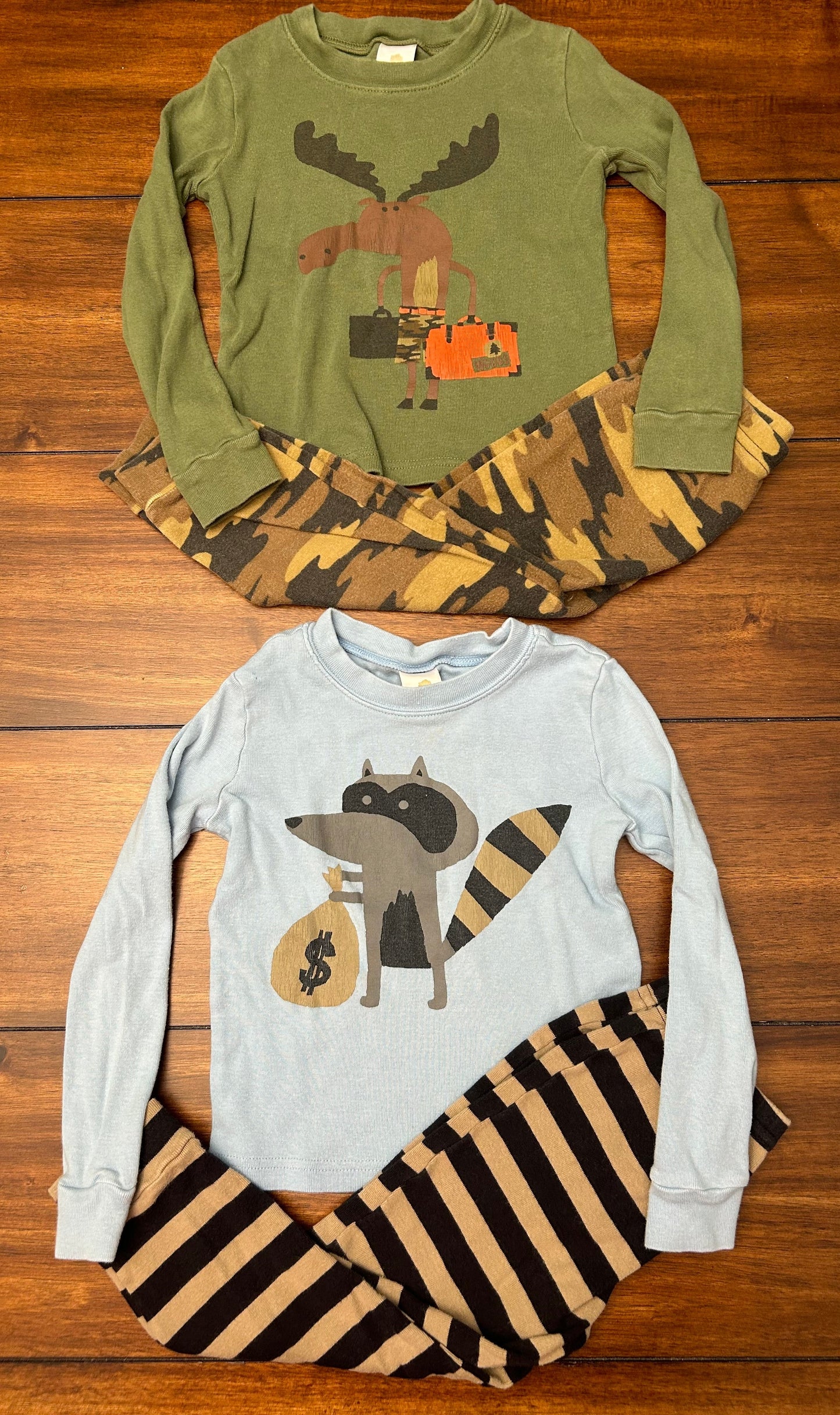 #201 Tucker & Tate Boys Size 3 Blue & Green Raccoon & Moose Graphic Printed Pajama Set Bundle
