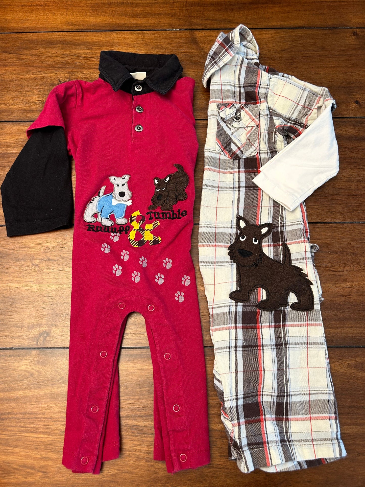 #201 Disney Boys Size 18M Maroon and Cream Brown & Light Blue Plaid Scottie Dog Appliqué One Piece Bundle