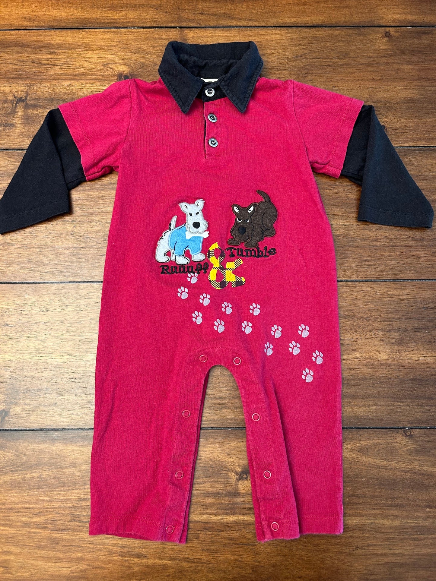 #201 Disney Boys Size 18M Maroon and Cream Brown & Light Blue Plaid Scottie Dog Appliqué One Piece Bundle