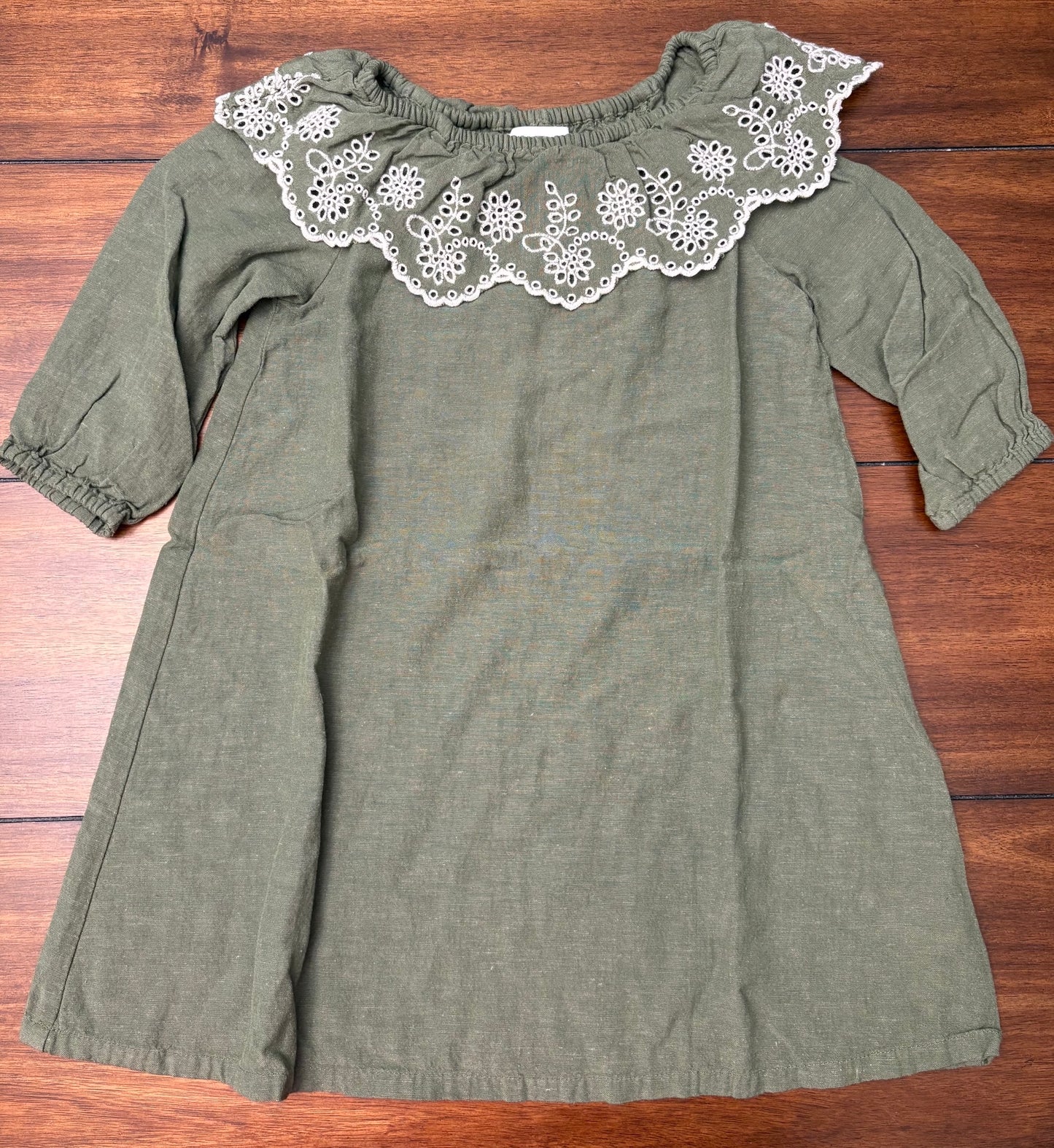 #201 Old Navy Girls Size 5T Olive Green Linen 3/4 Sleeve Dress