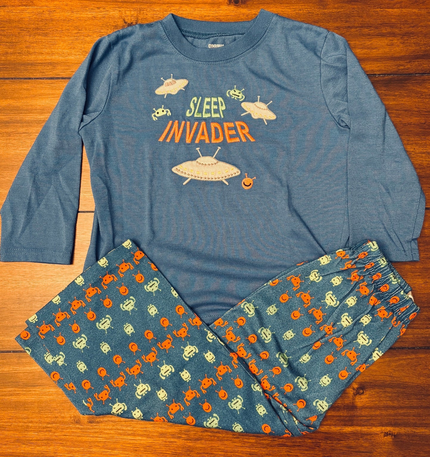 #201 Gymboree Boys Size 4 (XS) Blue Space Ship & Alien Long Sleeve Pajama Set
