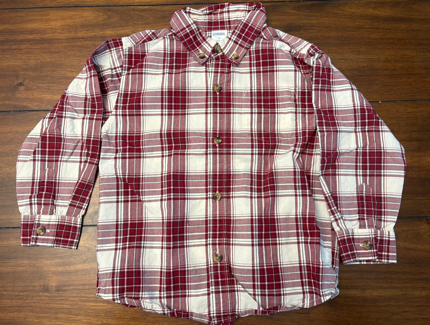 #201 Gymboree Boys Size 4 Maroon & Cream Plaid Long Sleeve Button Down Dress Shirt