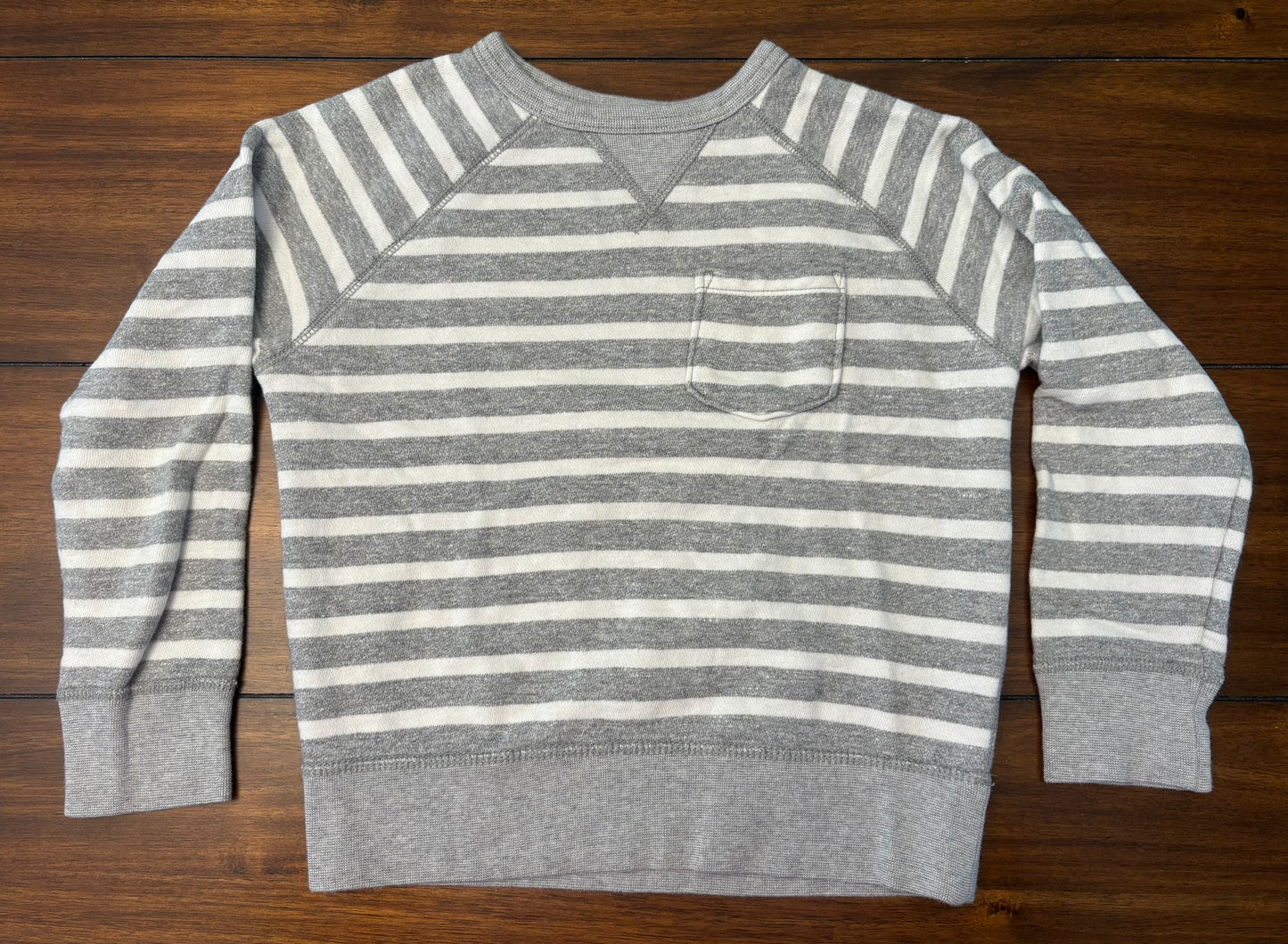 #201 Gap Boys Size 6-7 (S) Gray & White Striped Crew Neck Sweatshirt