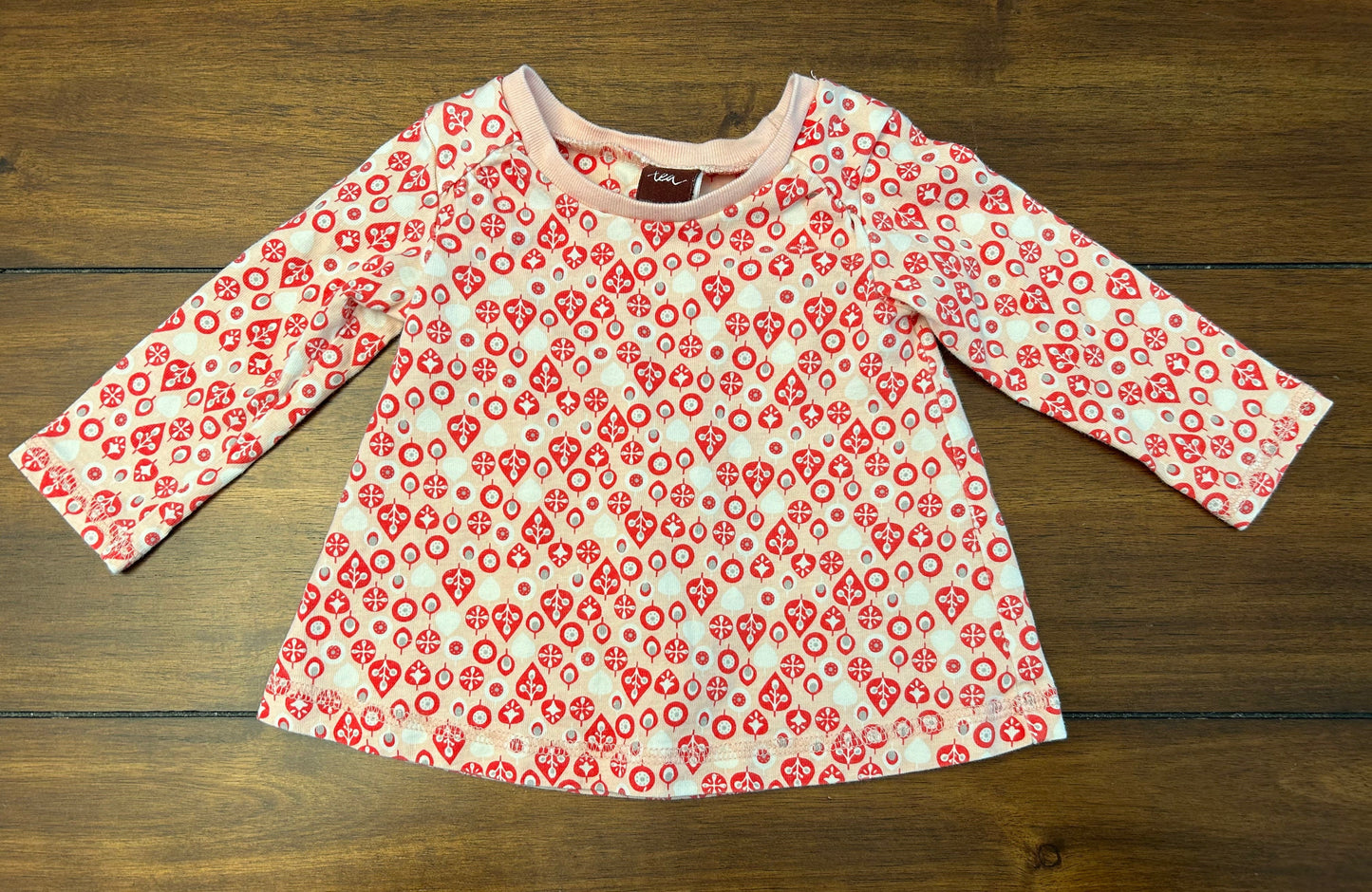 #201 Tea Girls Size 3-6M Pink Printed Long Sleeve Top