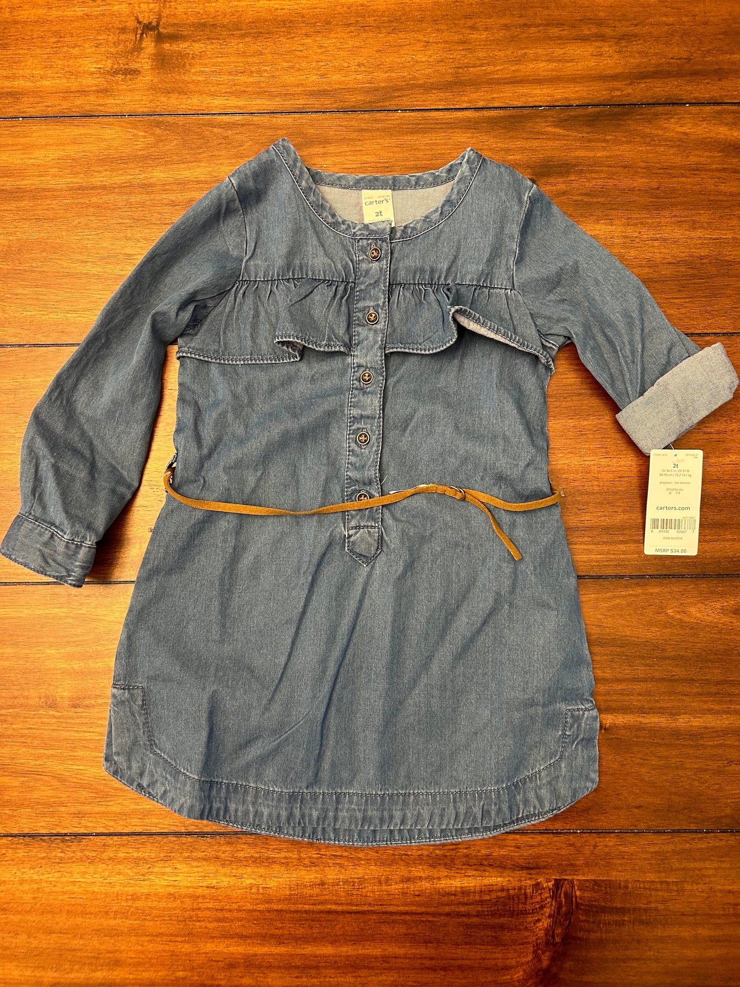 #201 Carter's Girls Size 2T Medium Wash Denim Dress with Suede Belt NWT