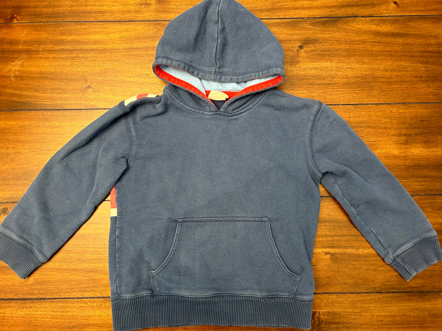 #201 Mini Boden Boys Size 5-6 Blue English Flag Hooded Sweatshirt