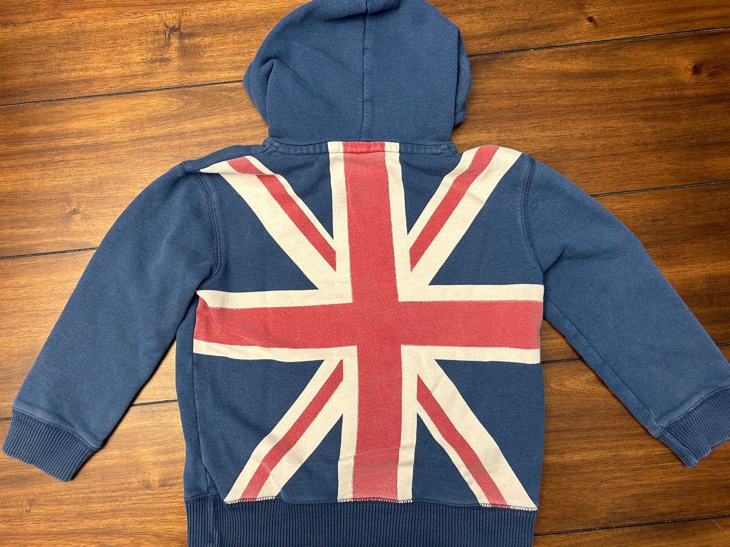 #201 Mini Boden Boys Size 5-6 Blue English Flag Hooded Sweatshirt