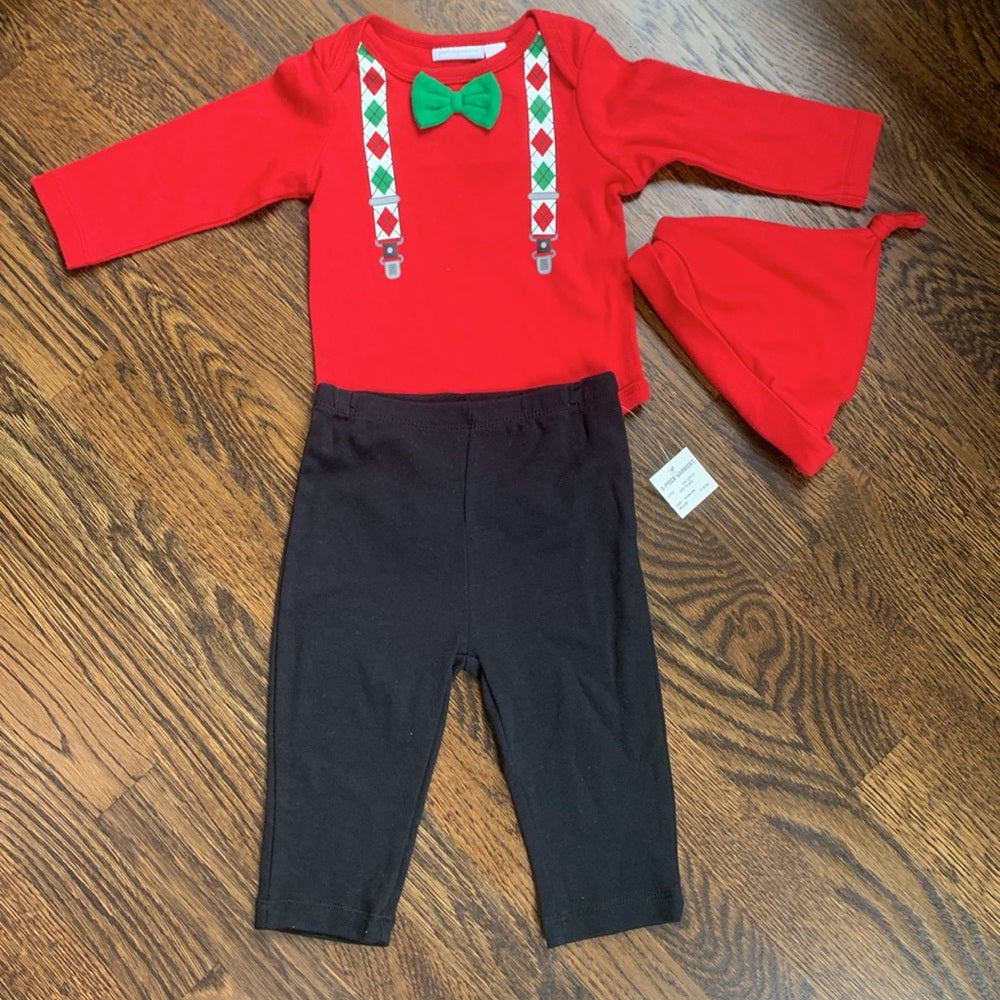 #151 - NWT Holiday 3pc Outfit with Green Bow Tie and matching hat - 6-9mo