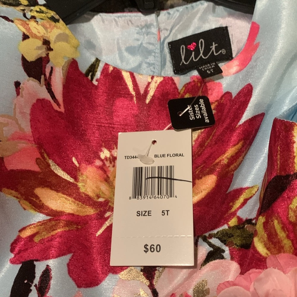 #48 - NWT Girls Floral Dress in Blue and Pink - 5T