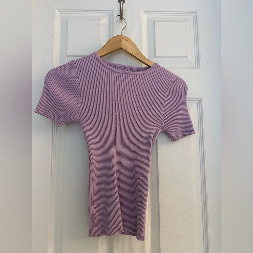Women's Lilac Ribbed Knit Puff Sleeve Top – Size XS