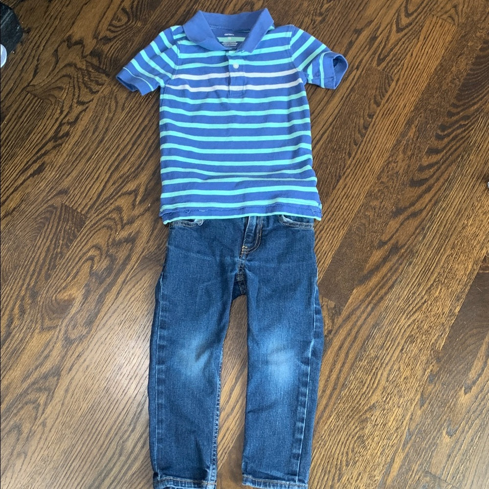 #151 - Carter's Blue and Green Striped Polo and Classic Blue Kids Jeans Set - 3T