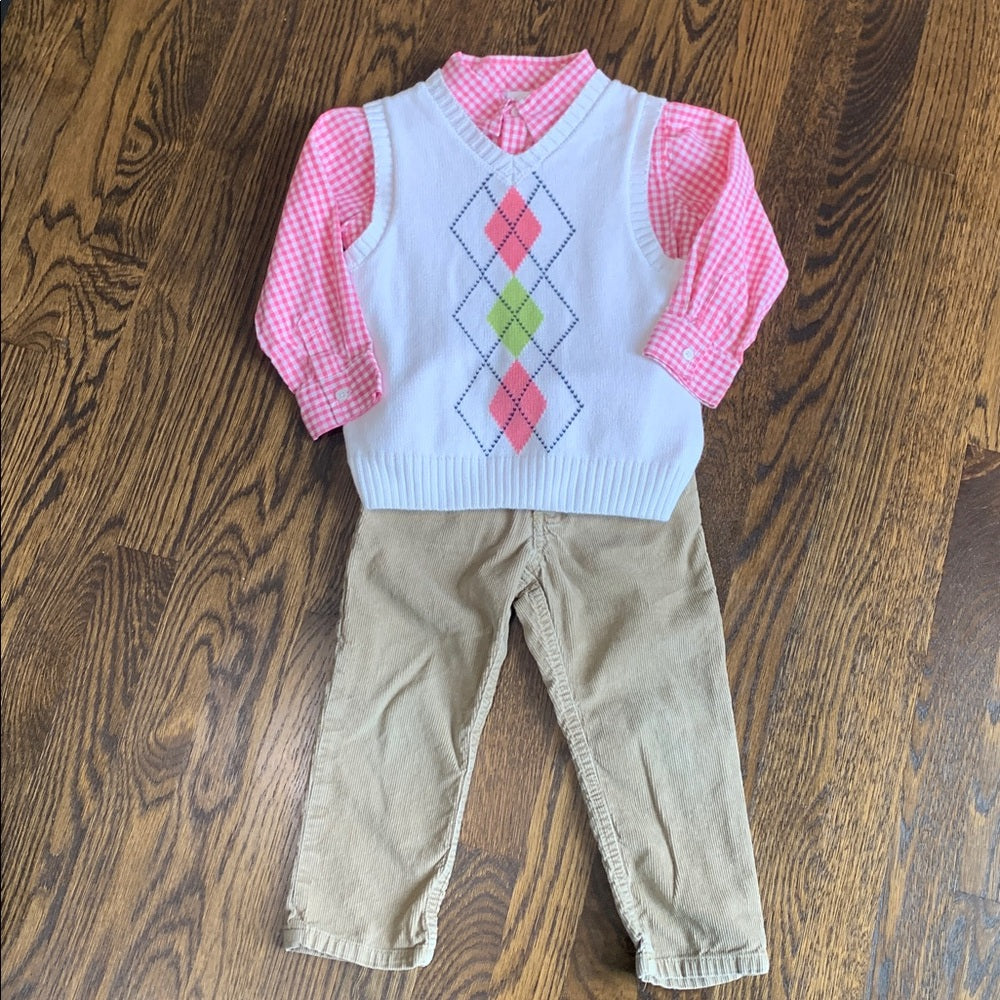 #151 - Gymboree & Carter's Pink and White Button Up Shirt, Vest & Corduroy Pants - Boys 3T