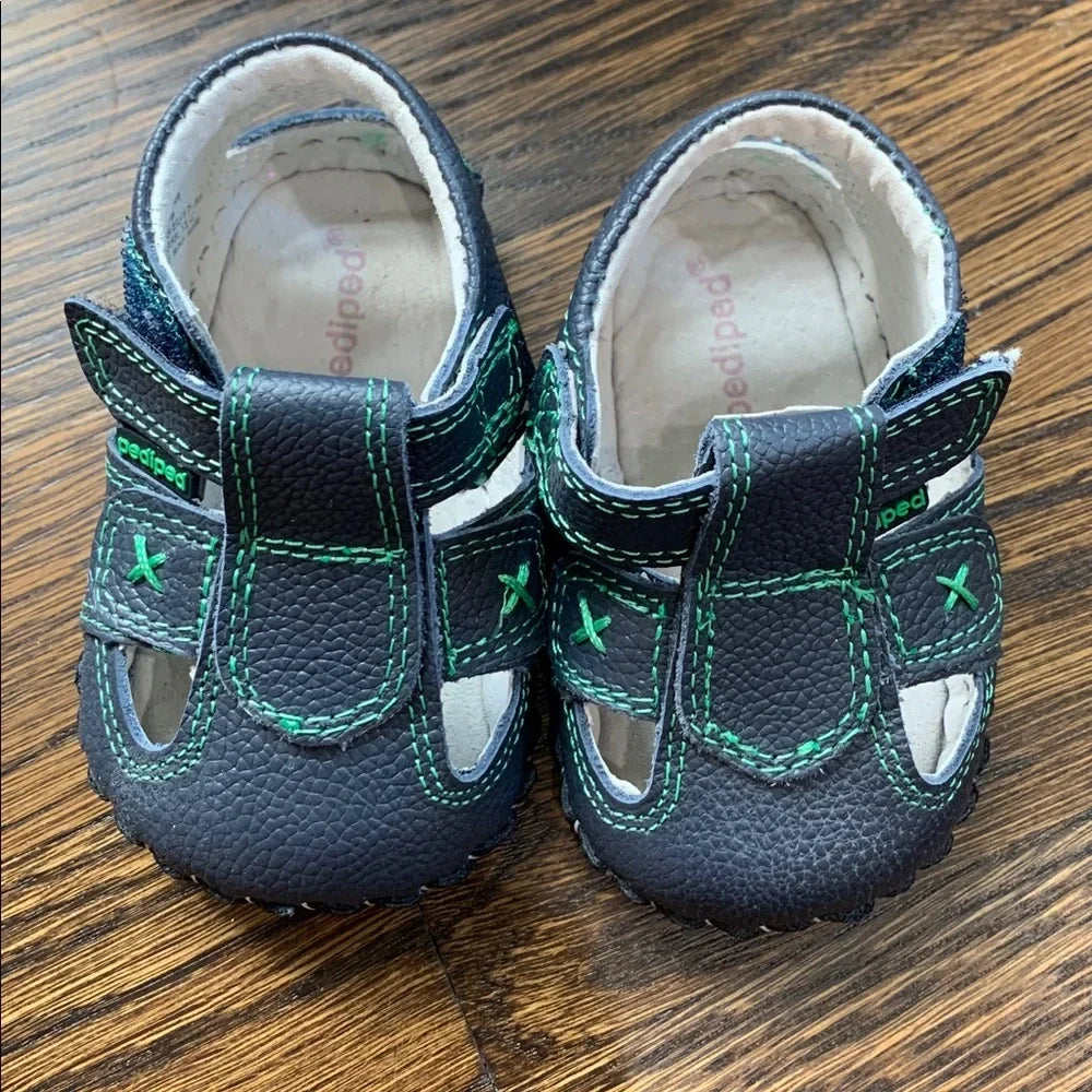 #151 - New in Box Pediped Soft-Soled Leather Navy and Green Baby Shoes - 0-6mo