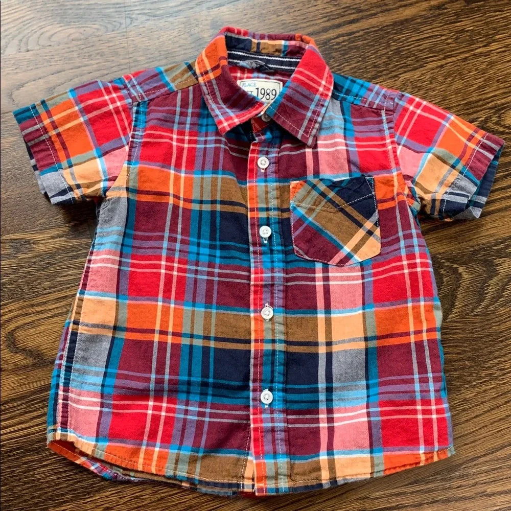 #48 - Children's Place Colorful Plaid Short Sleeve Shirt - 18-24mo
