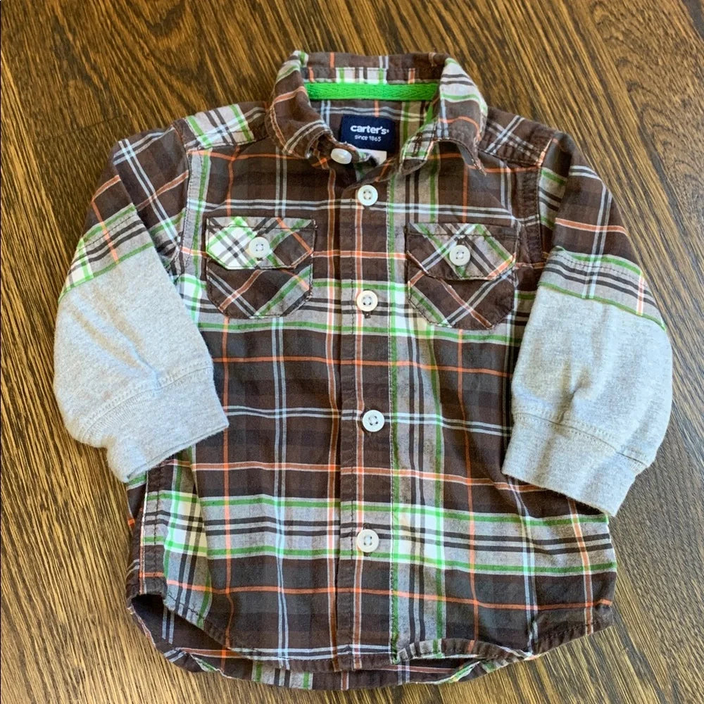 #151 - Carter's Brown Plaid Shirt with Gray Sleeves - 9mo