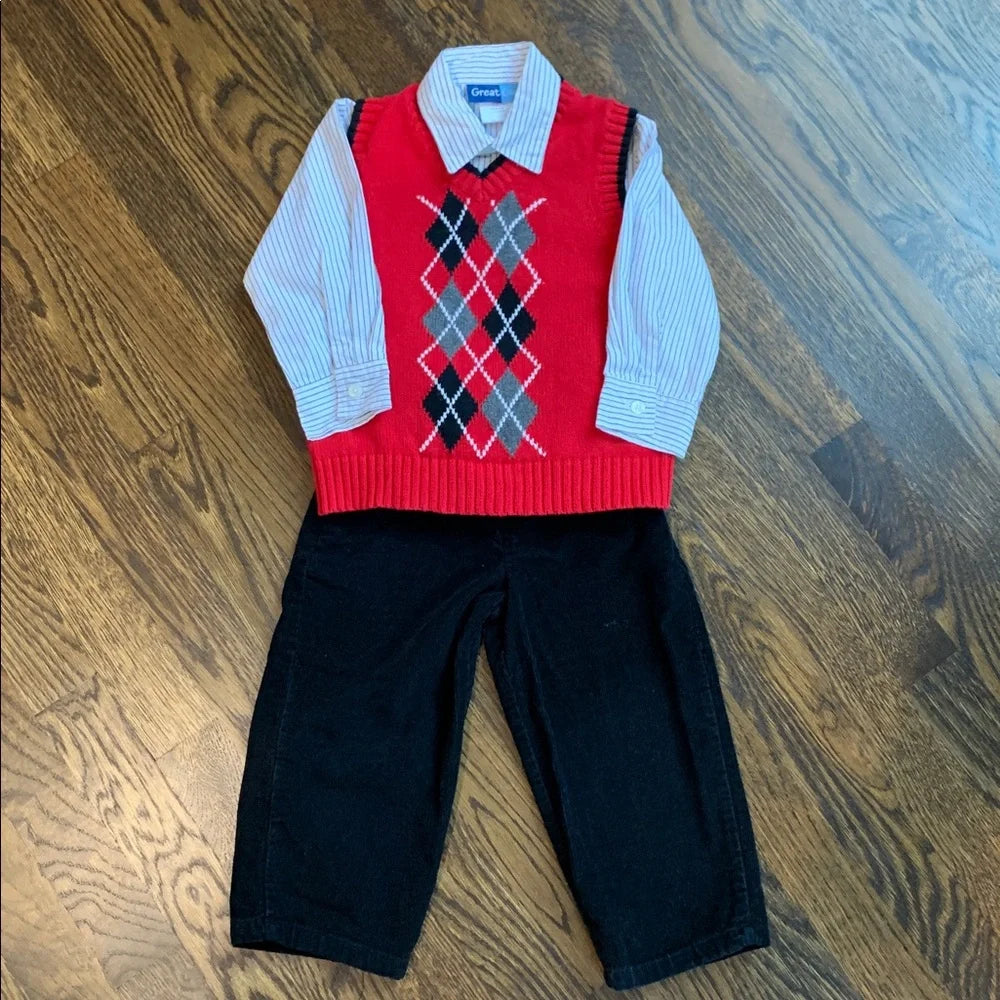 #151 - Red Argyle Vest with Striped Shirt and Black Pants - 2T