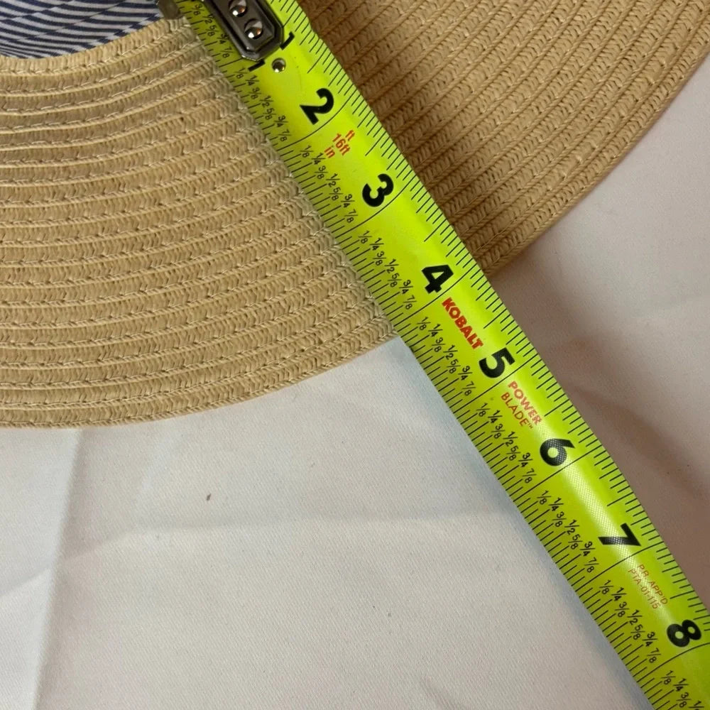 Women's LOFT Cream Sun /Wide Brim Hat with Blue Striped Ribbon Bow – One Size