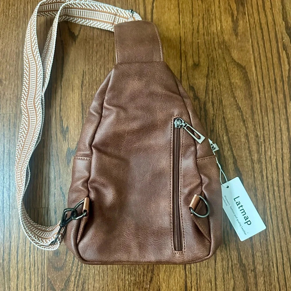 Women's Latmap Brown Faux Leather Sling Crossbody Bag w/ Adjustable Strap – NWT