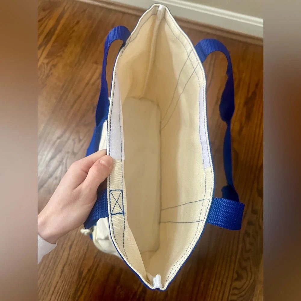 P&G Insulated Cooler Tote Bag | Blue & Cream Zip Bottom Lunch Beach Bag