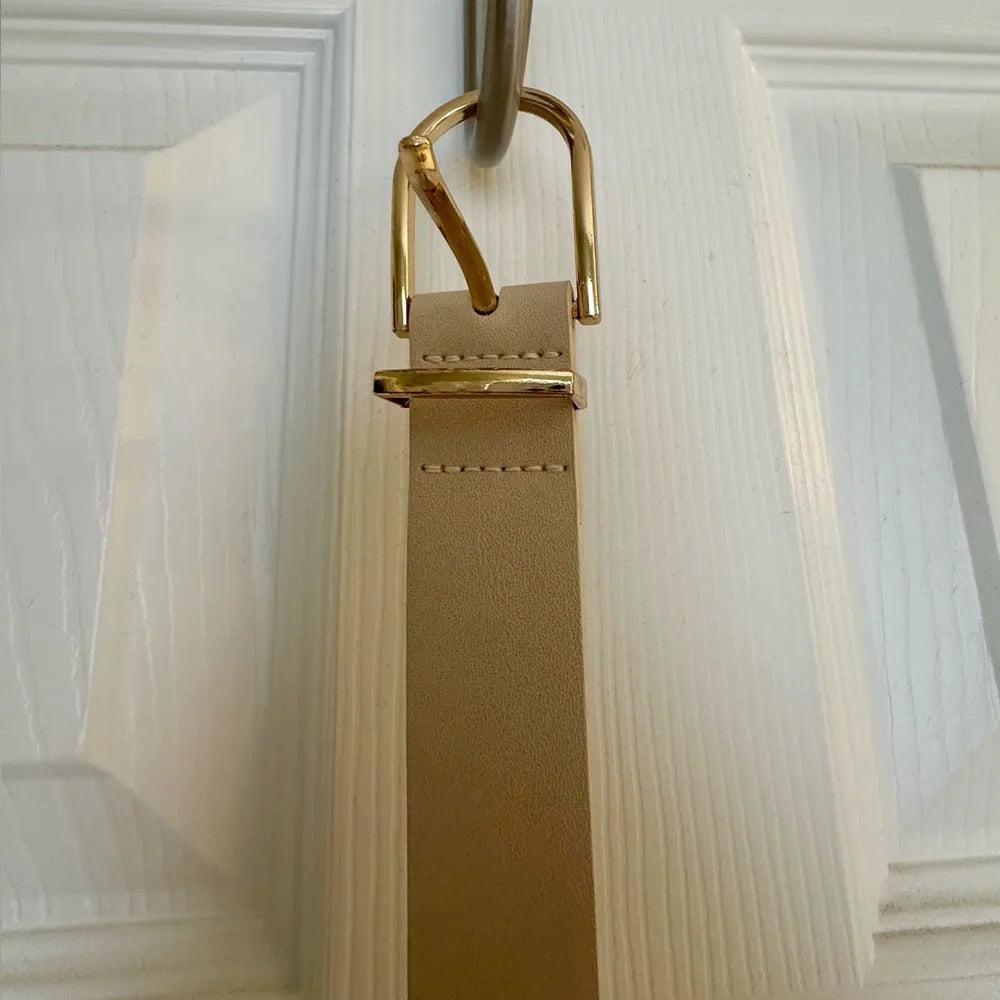 Women's Neutral Cream Skinny Belt with Gold Buckle – Minimalist Belt Size S - NWOT