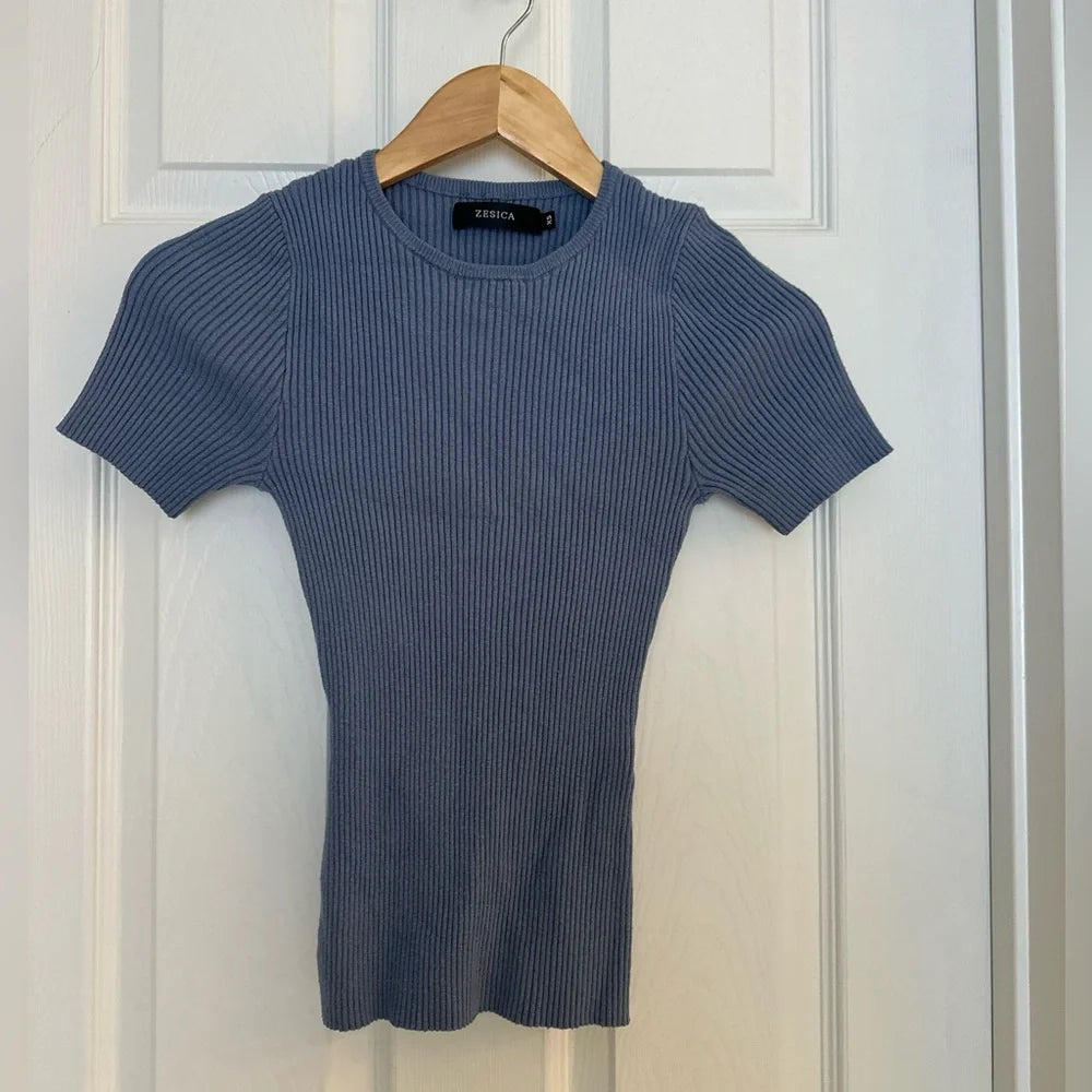 Women's ZESICA Ribbed Knit Short Sleeve Top Slate Blue XS – Fitted Stretch Tee