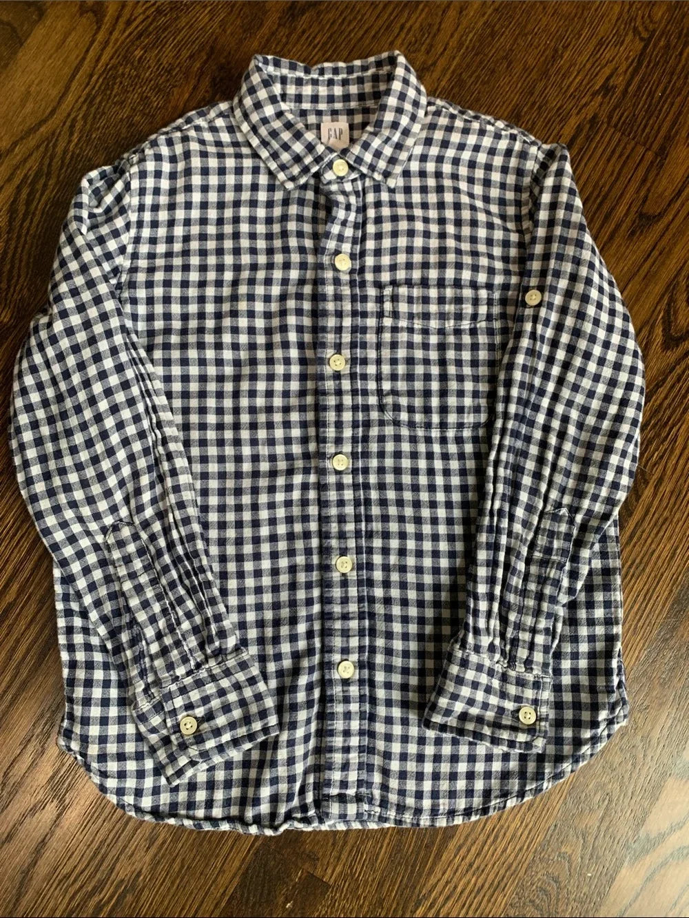 #151 - GAP Navy and White Gingham Button-Down Shirt - Boys Medium (8)