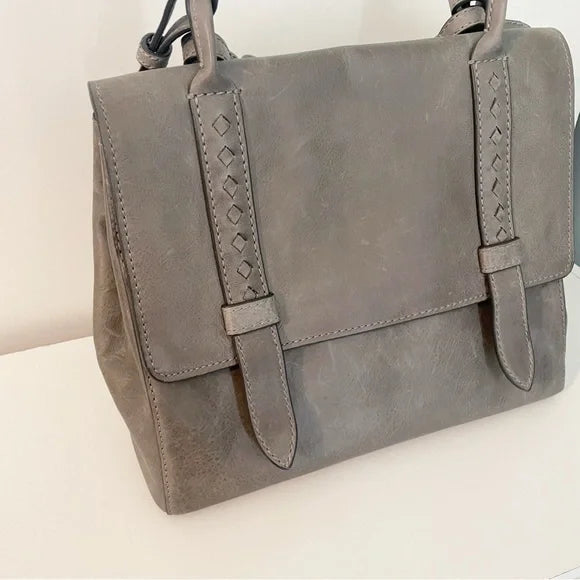 #118 | NEW Women's Frye Reed Flap Satchel Dove Gray Distressed Leather