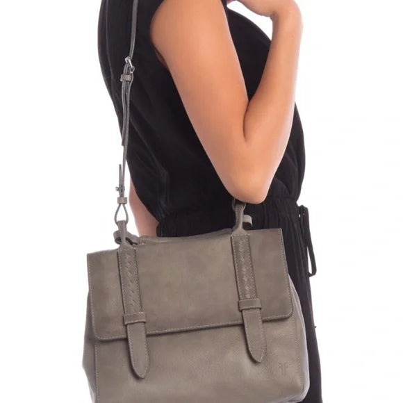 #118 | NEW Women's Frye Reed Flap Satchel Dove Gray Distressed Leather