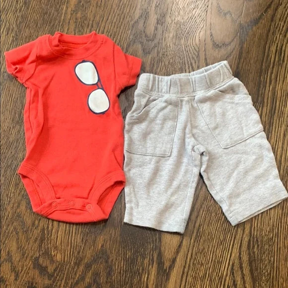 #181 - Like New Red Baby Onesie with Gray Pants - Newborn NB